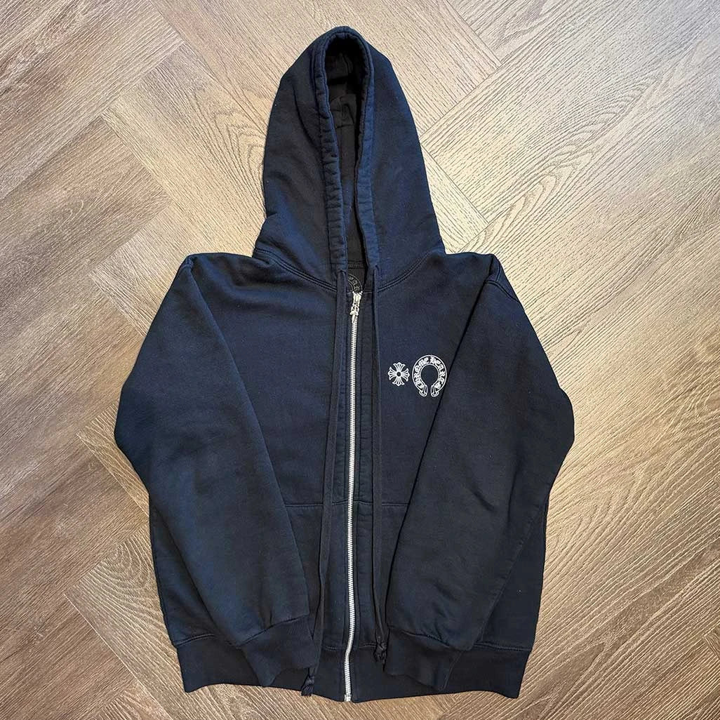 Chrome Hearts Horseshoe Logo Zip Up Hoodie Black/White