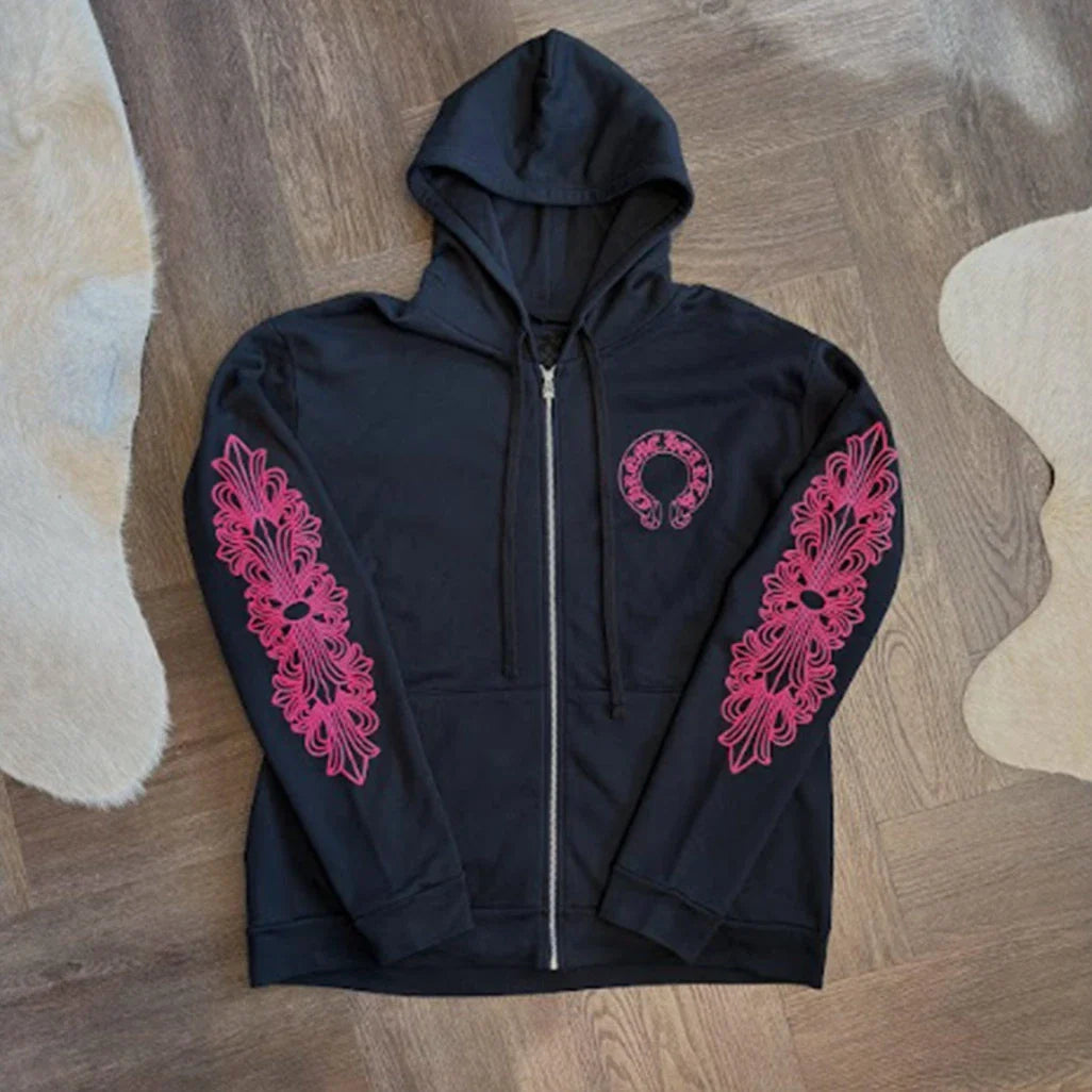 Chrome Hearts Black Pink Floral Horseshoe Zip Up Hoodie