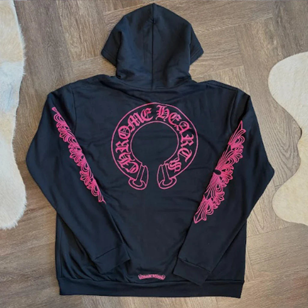 Chrome Hearts Black Pink Floral Horseshoe Zip Up Hoodie