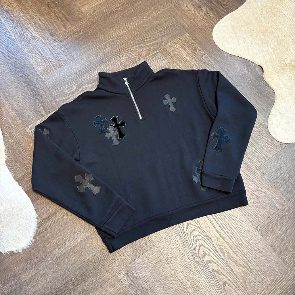 Chrome Hearts 1/4 Zip Triple Patch Black Jumper