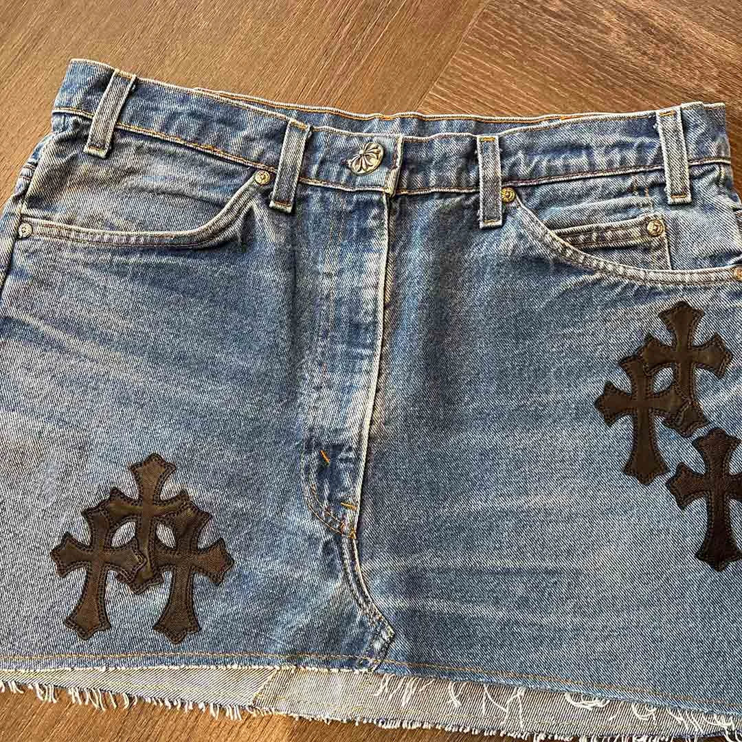 Chrome Hearts Blue Denim Skirt Black Patches