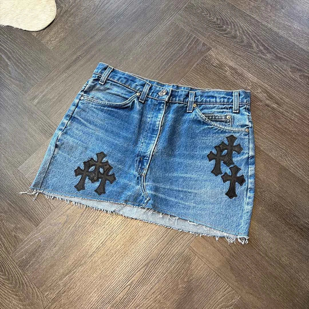 Chrome Hearts Blue Denim Skirt Black Patches