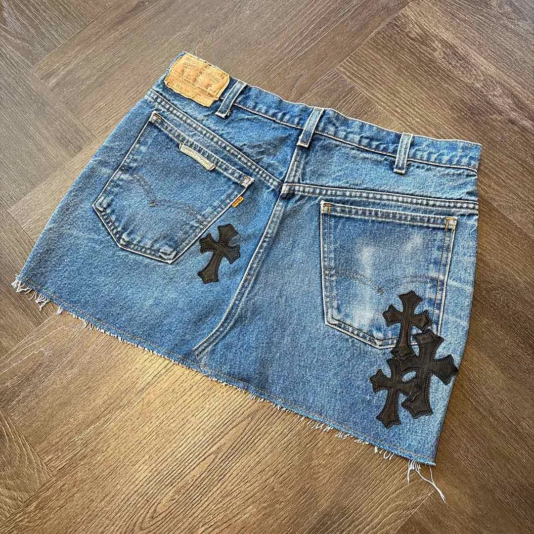 Chrome Hearts Blue Denim Skirt Black Patches