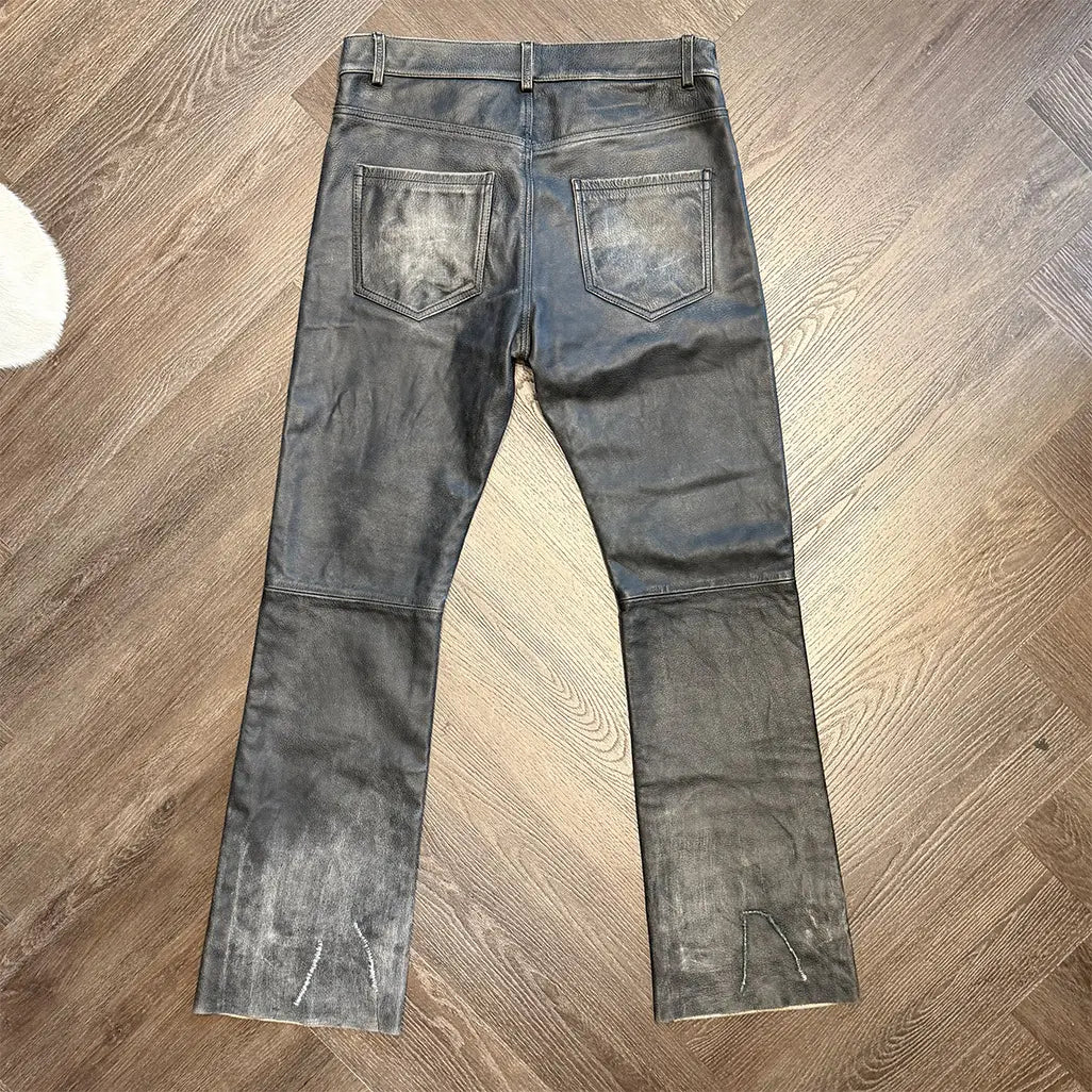Distressed Raw Hem Leather Flare Jeans in Black/Sand