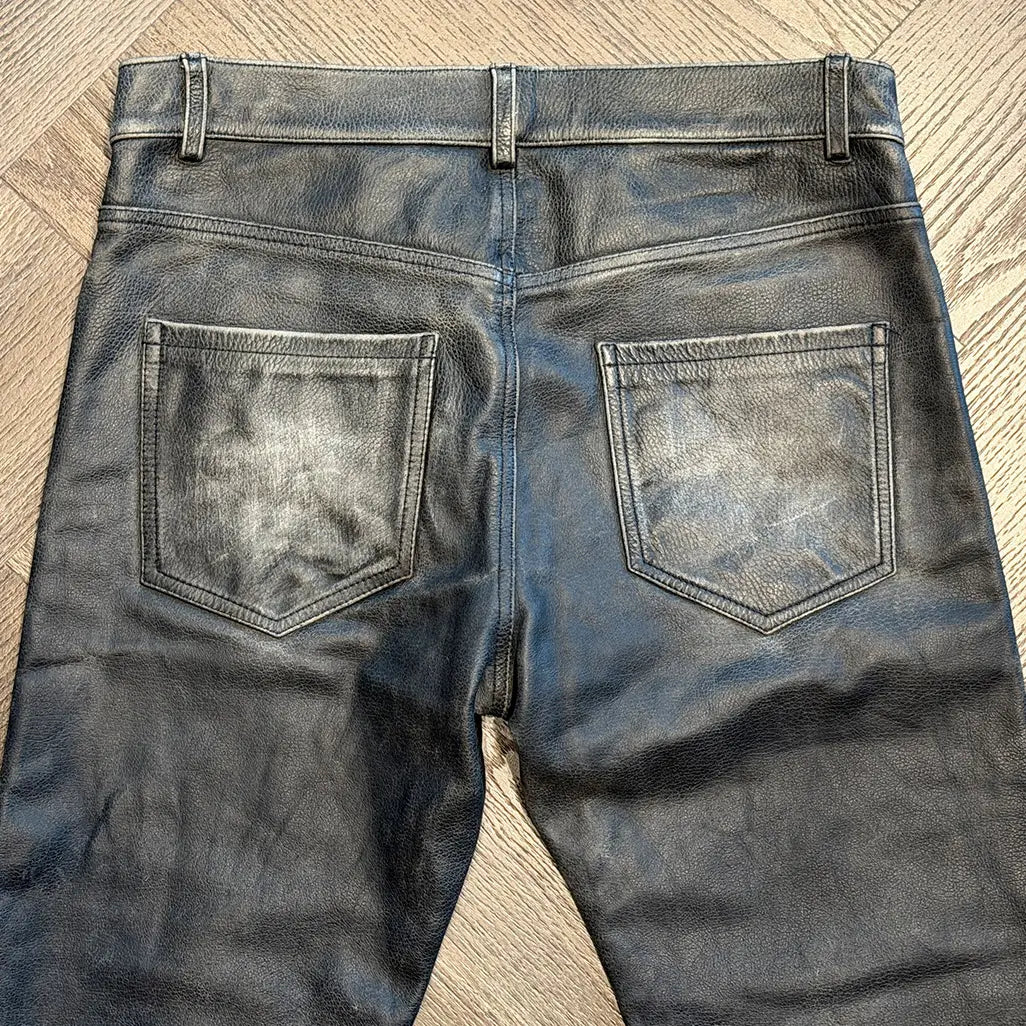 Distressed Raw Hem Leather Flare Jeans in Black/Sand