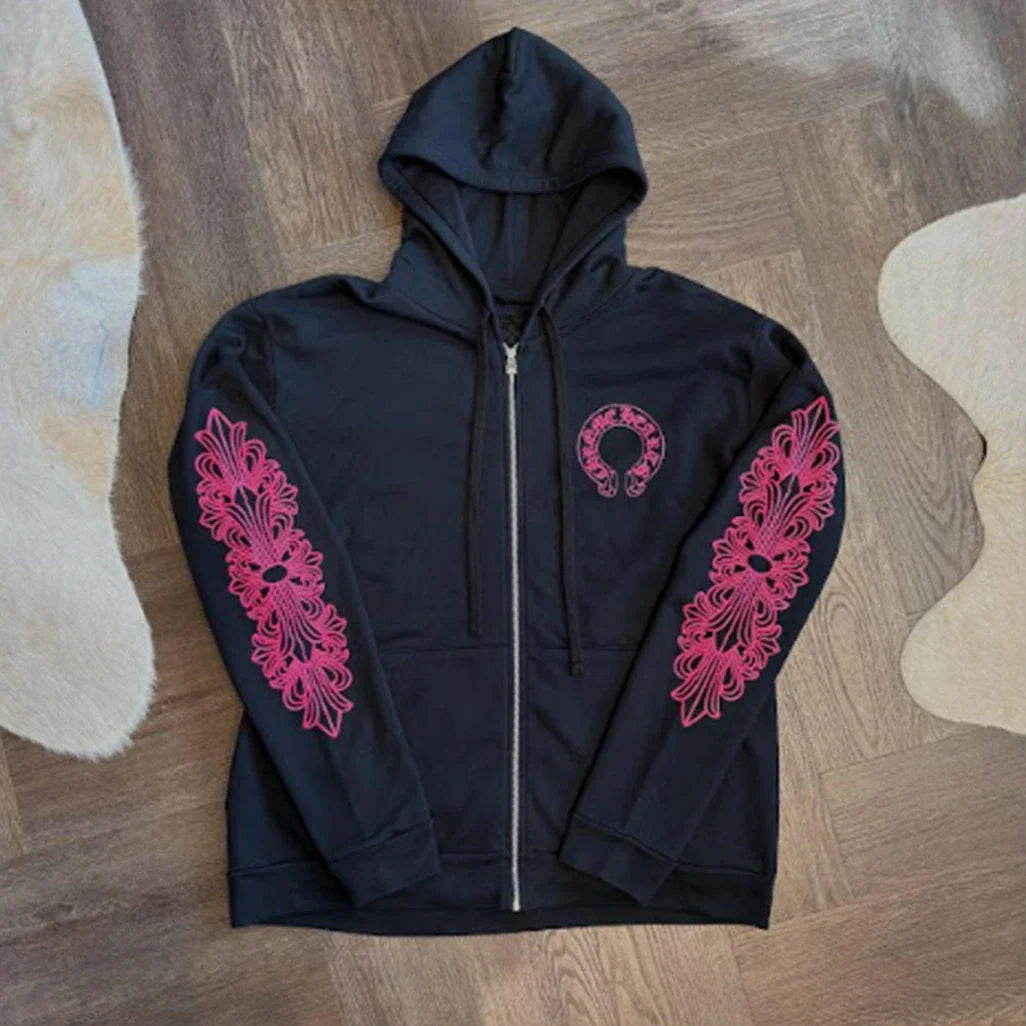 Chrome Hearts Black Pink Floral Horseshoe Zip Up Hoodie