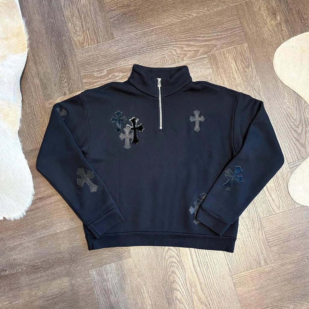 Chrome Hearts 1/4 Zip Triple Patch Black Jumper