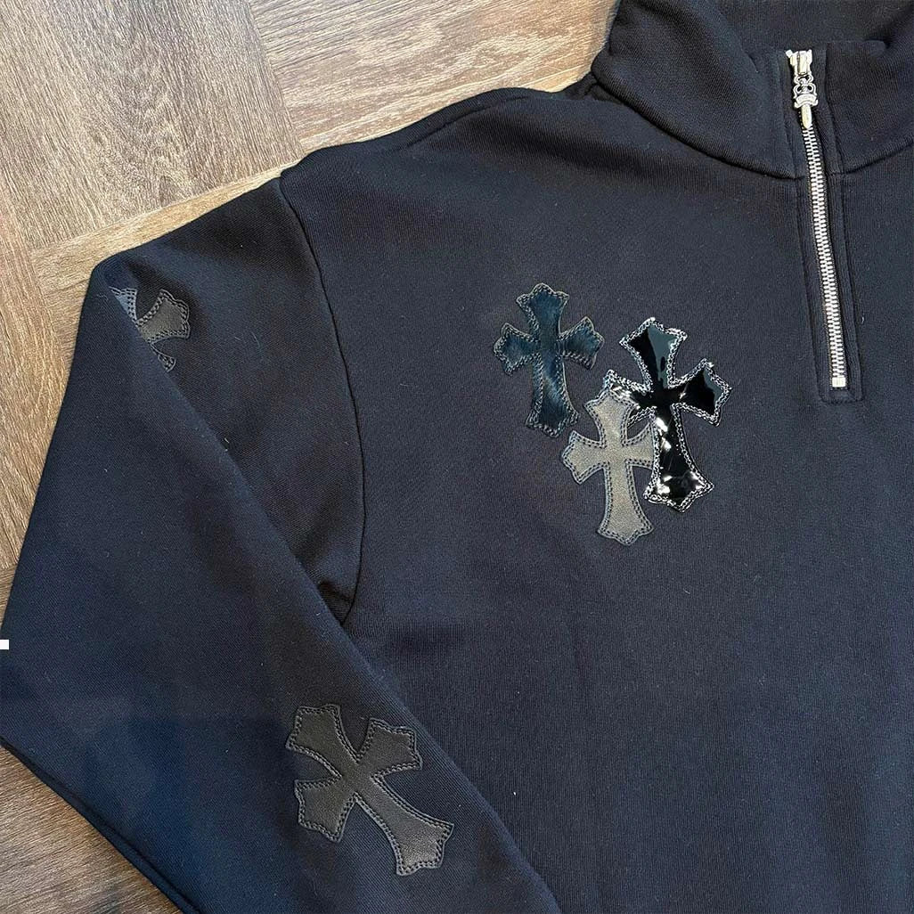 Chrome Hearts 1/4 Zip Triple Patch Black Jumper
