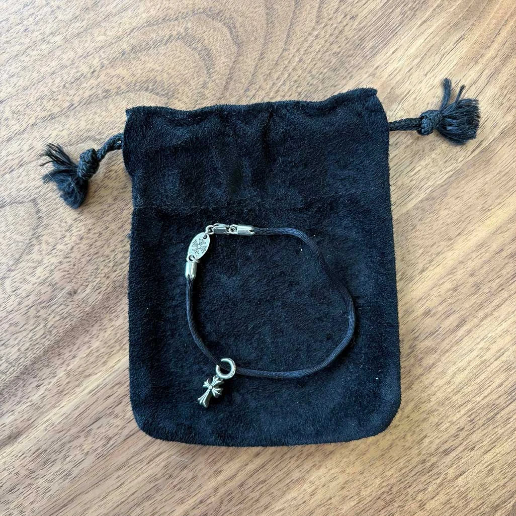 Chrome Hearts Silver Cross Pendant Black String Bracelet