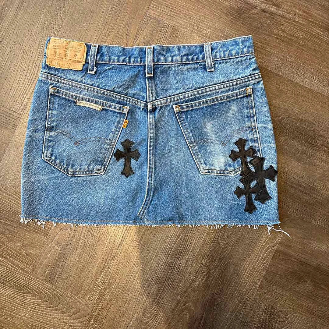 Chrome Hearts Blue Denim Skirt Black Patches