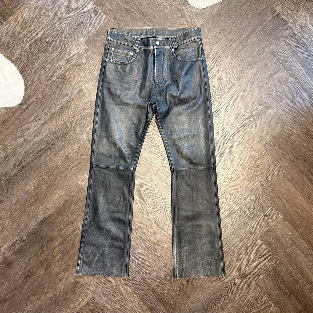 Distressed Raw Hem Leather Flare Jeans in Black/Sand