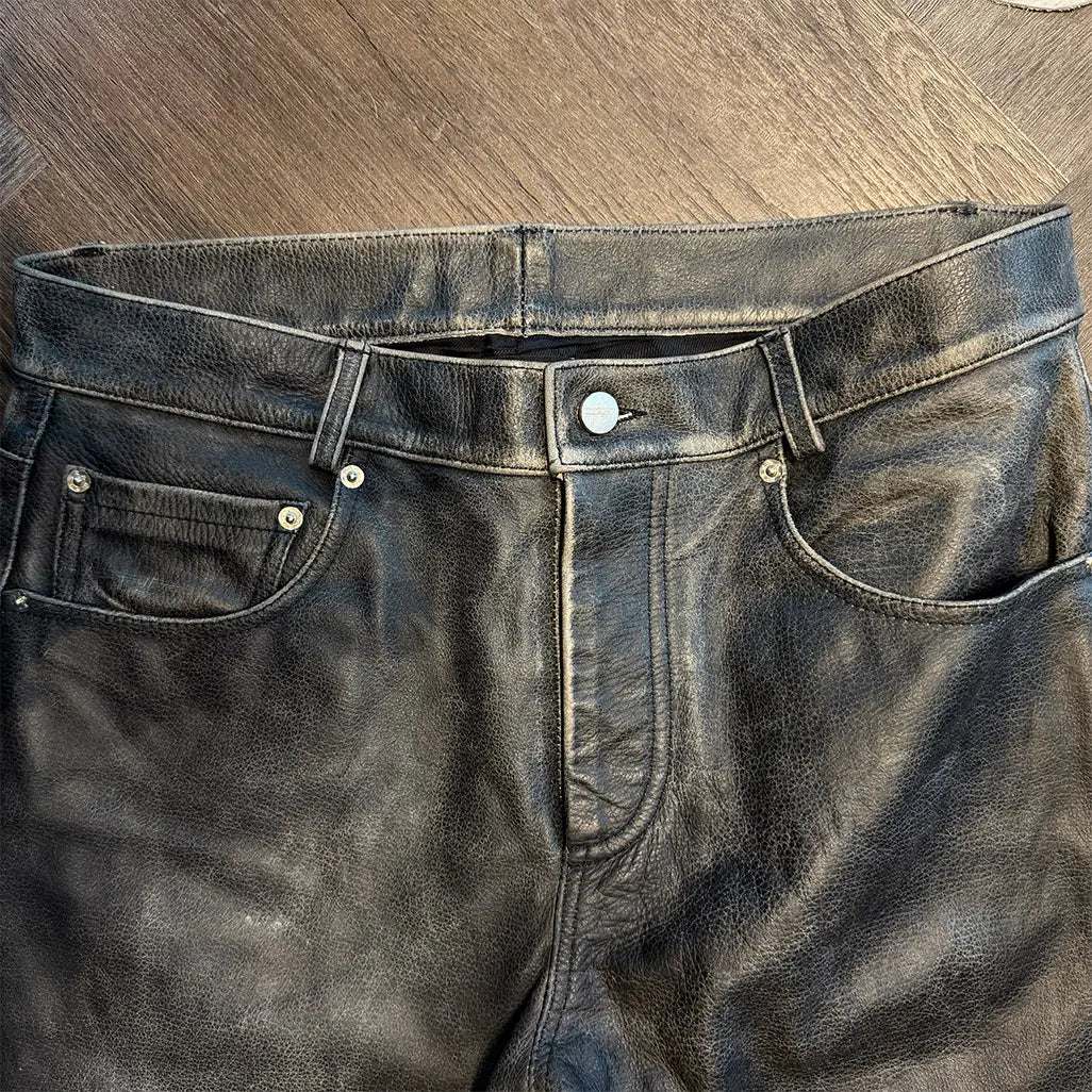 Distressed Raw Hem Leather Flare Jeans in Black/Sand