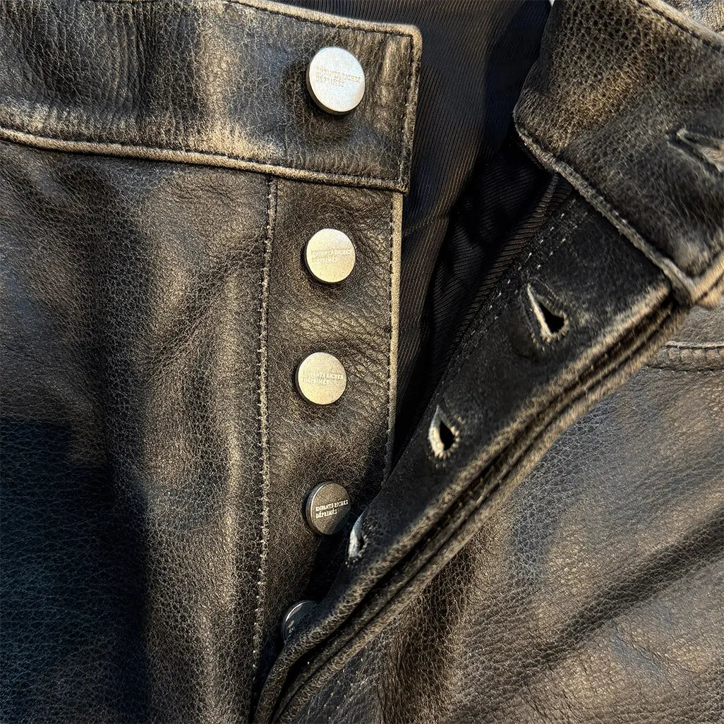 Distressed Raw Hem Leather Flare Jeans in Black/Sand