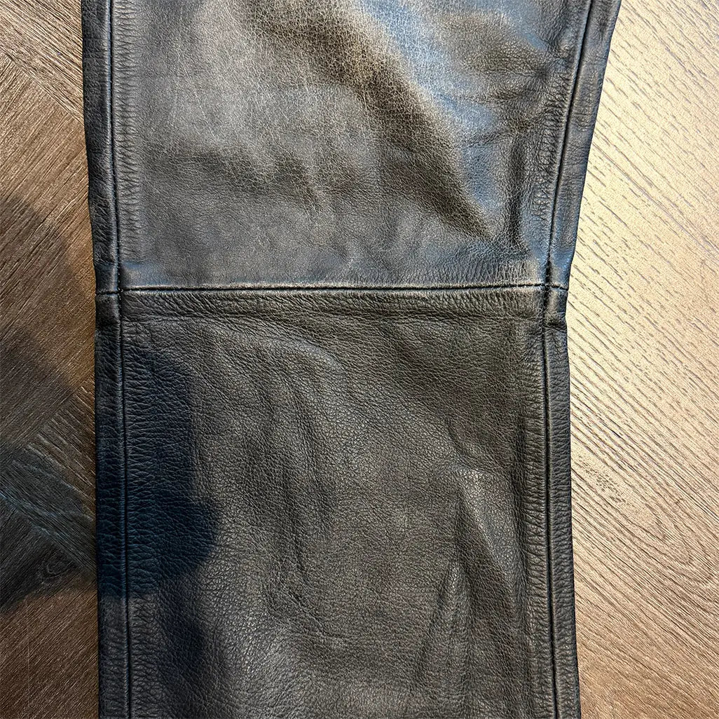 Distressed Raw Hem Leather Flare Jeans in Black/Sand