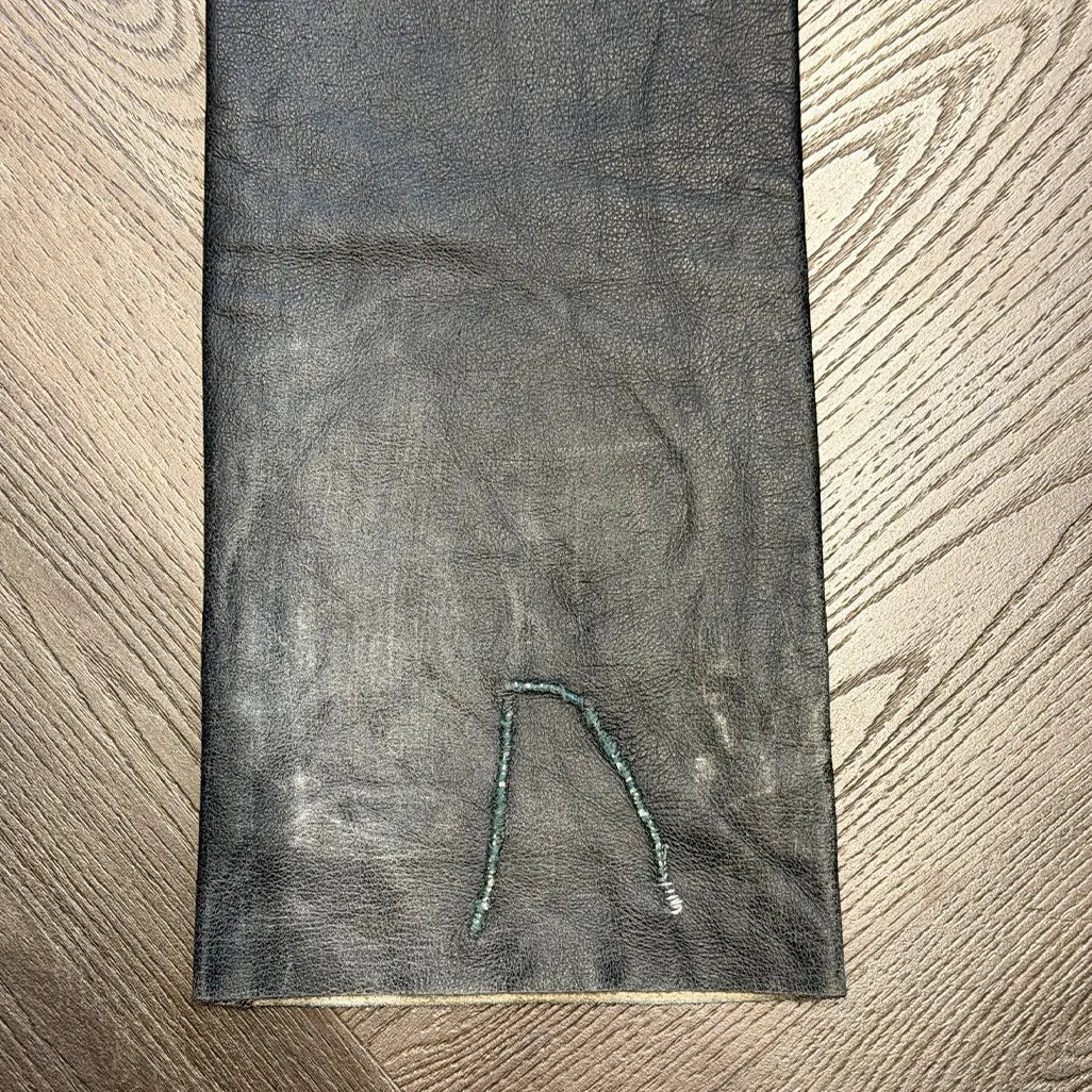 Distressed Raw Hem Leather Flare Jeans in Black/Sand